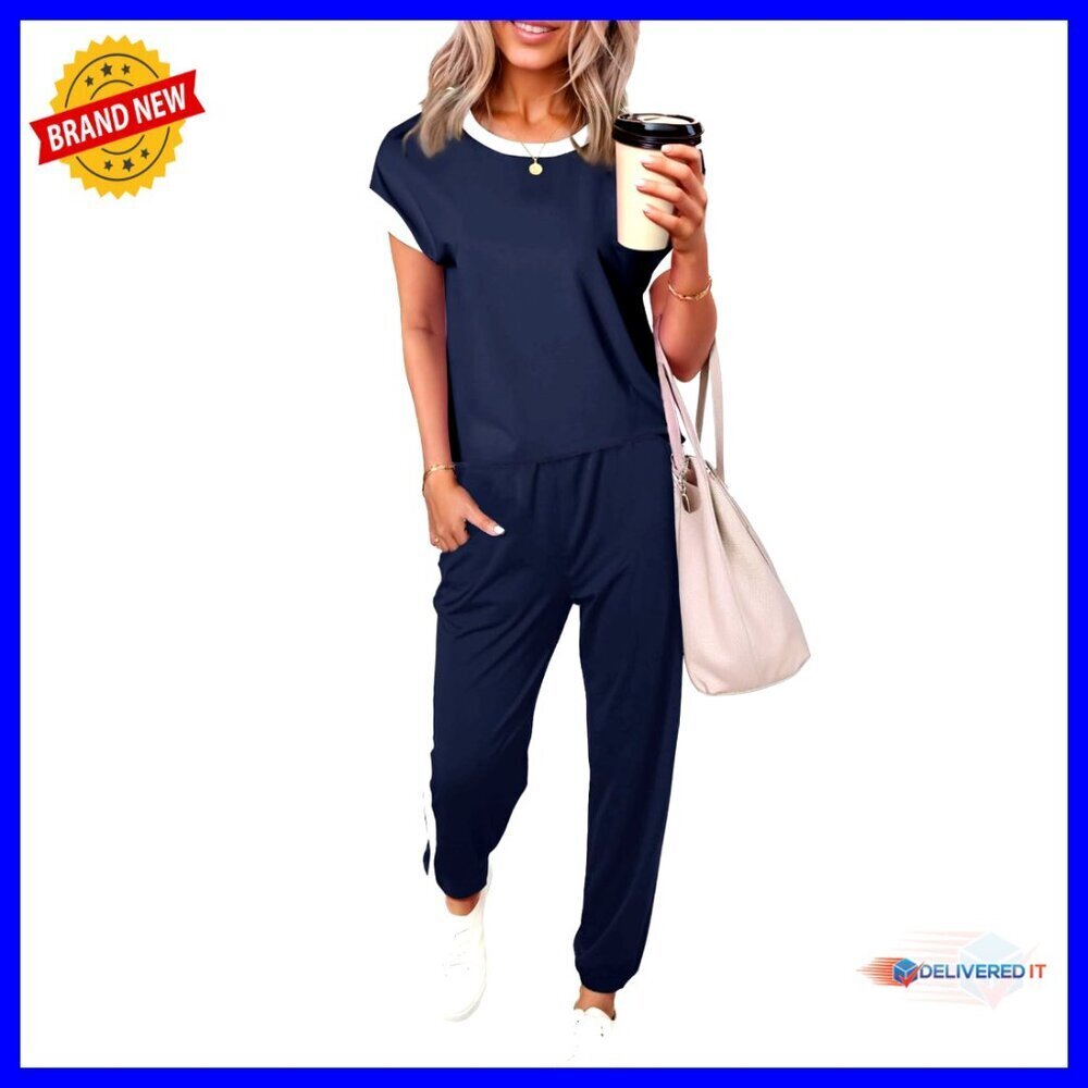 Knit Short Sleeve Jogger Sweatsuit Set Comfy Lounge Sporty Elegant Tracksuit
